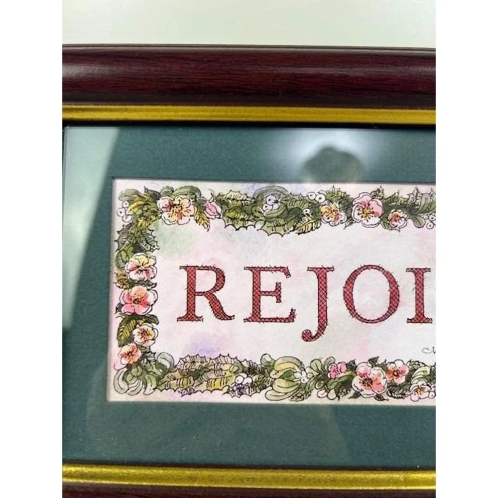 Vintage HOMECO Framed REJOICE Art Floral‎ Holly Berry Vintage Home Decor